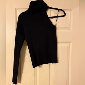 Black One-Shoulder Ribbed Turtle Neck Top